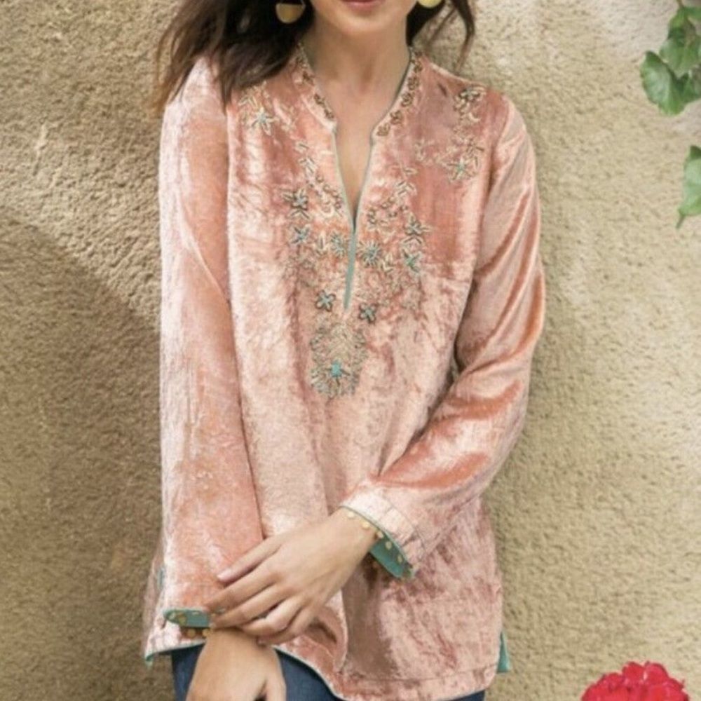 Soft Surroundings Pink Velvet Embroidered Tunic